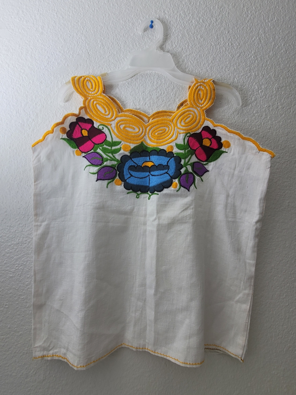 White Embroidered Floral Tank Top with Yellow Trim